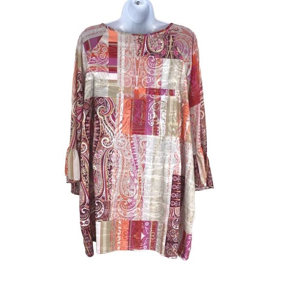 Catherines Tunic Top 2X Paisley Patchwork‎ Bell Sleeve Tie Neck Boho TP-2324 - Picture 6 of 9